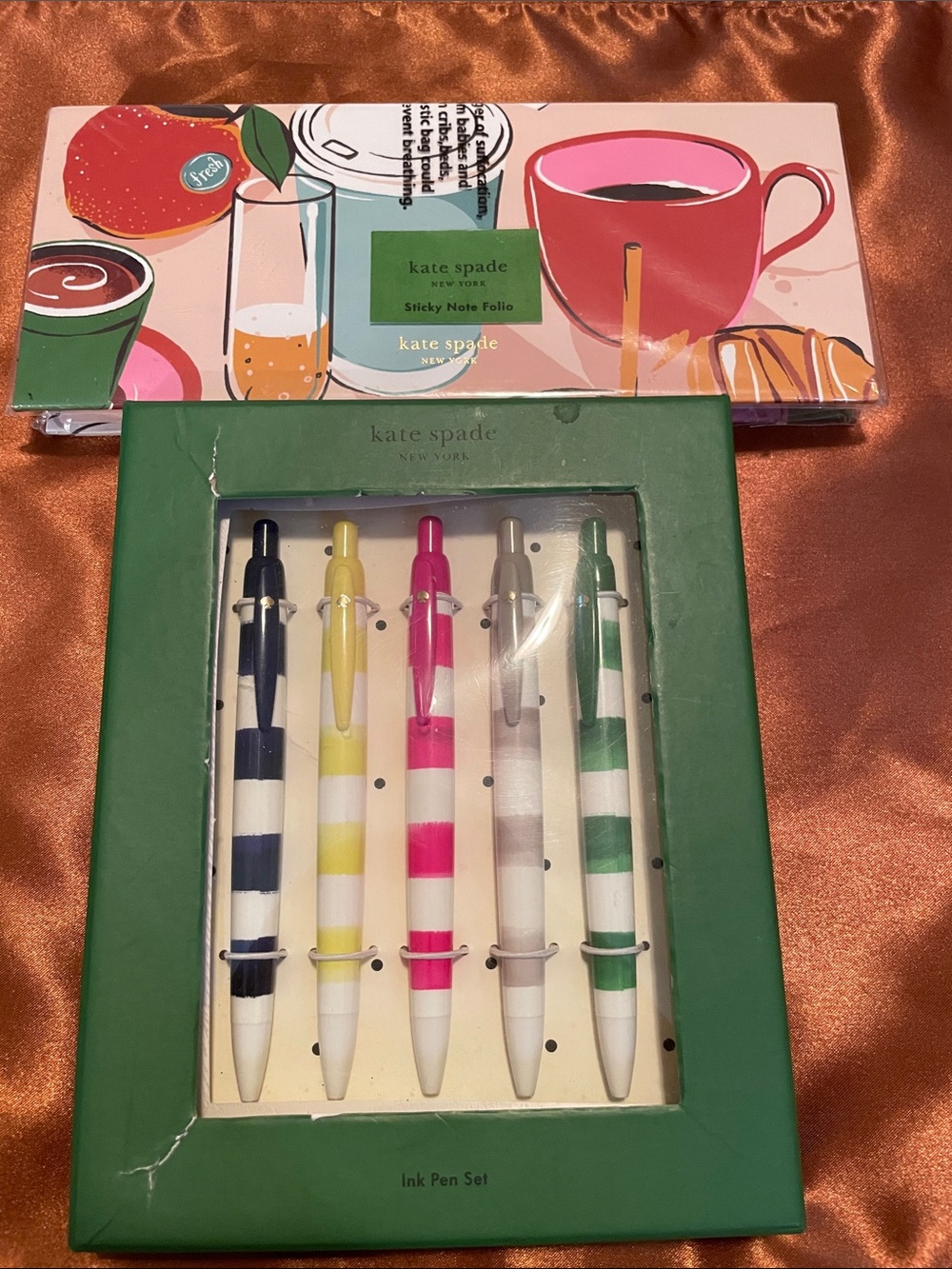 Kate Spade Pen Set in Rugby stripe, rise and shine note folio